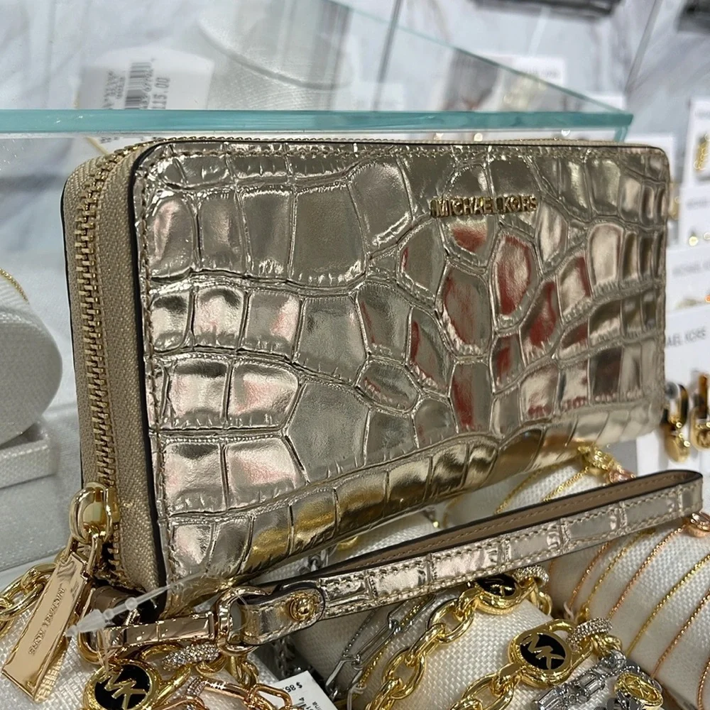 Michael Kors JSet Travel Metallic Crocodile Embossed Leather Continental Wallet